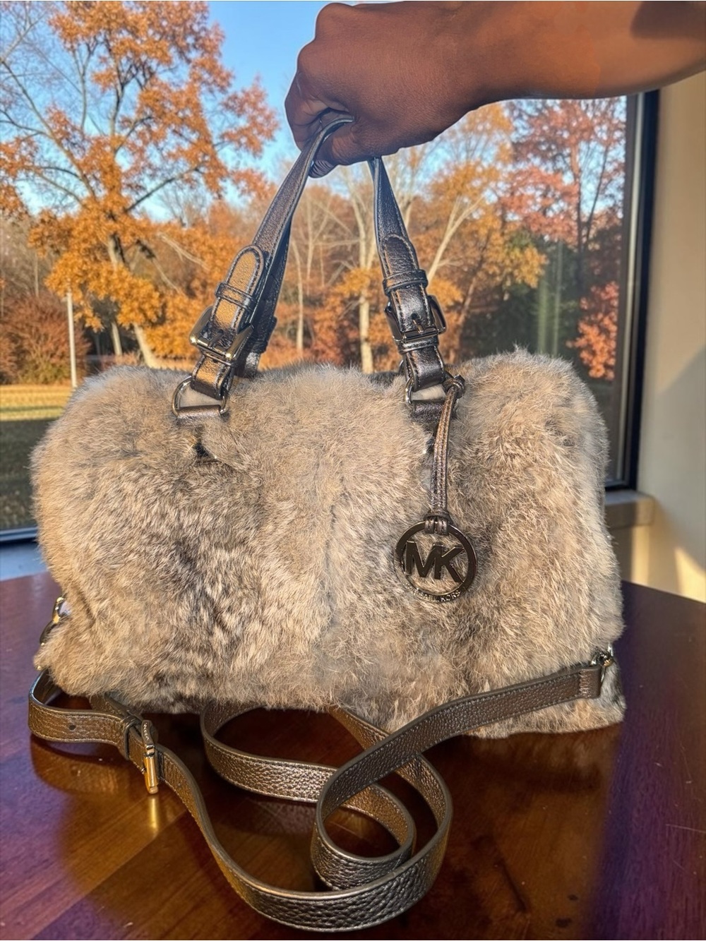 Michael Kors Limited Edition Genuine Rabbit Fur Satchel Bag - Grey/Brown